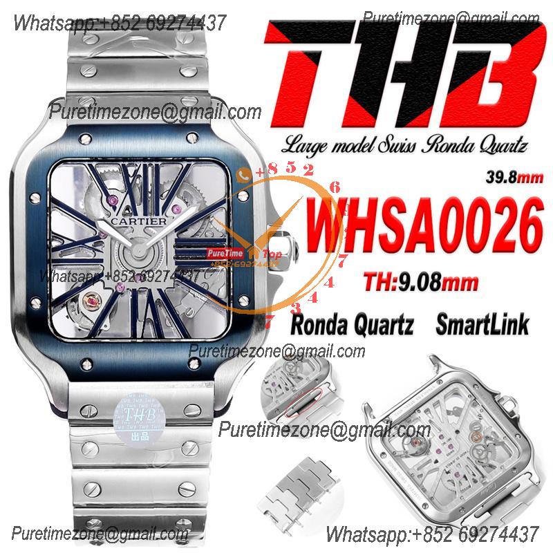 Santos WHSA0026 Large Model 39.8 Swiss Ronda Quartz Mens Watch Best Edition THBF Skeleton Dial SmartLink SS Bracelet