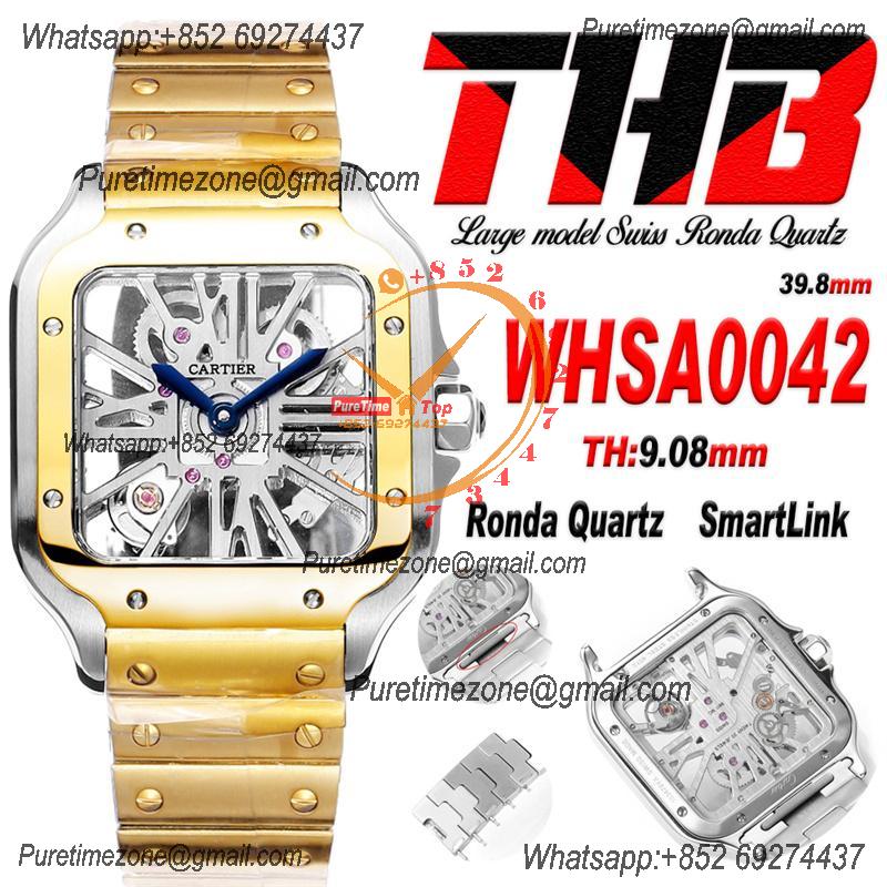 Santos WHSA0042 Large Model 39.8 Swiss Ronda Quartz Mens Watch Best Edition THBF YG Skeleton Dial SmartLink SS Bracelet