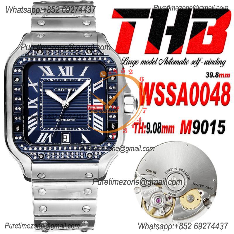 Santos WSSA0048 Large Model 39.8 M9015 Auto Mens Watch THBF Diamond Bezel Blue Dial SmartLink SS Bracelet