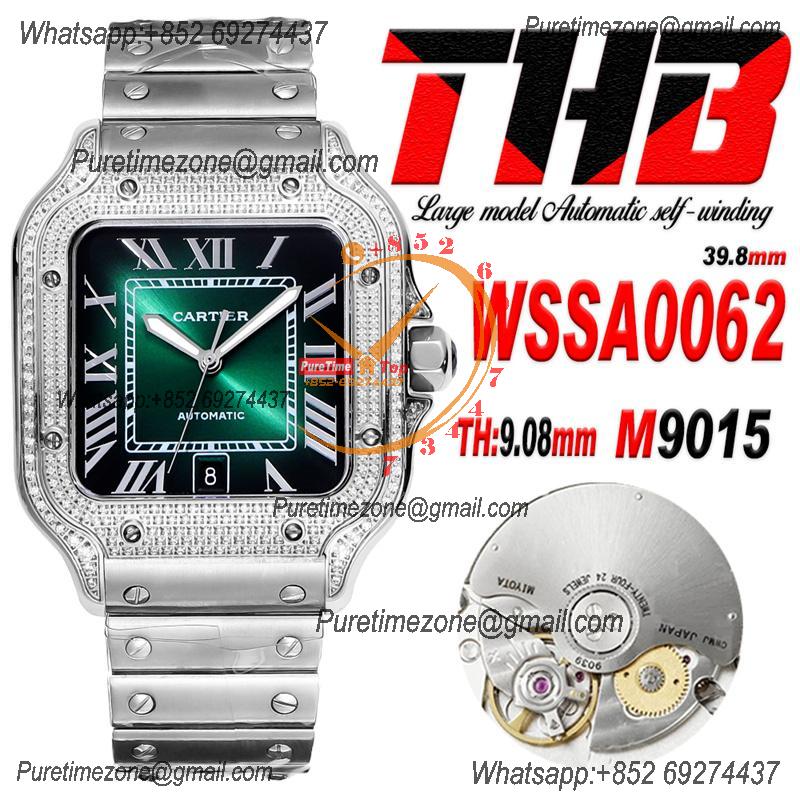 Santos WSSA0062 Large Model 39.8 M9015 Auto Mens Watch THBF Diamond Bezel Green Dial SmartLink SS Bracelet CHS