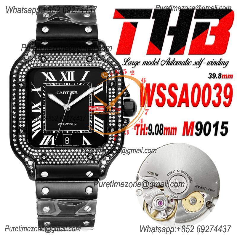 Santos WSSA0039 Large Model 39.8 M9015 Auto Mens Watch THBF Diamond Bezel DLC All Black Dial SmartLink SS Bracelet