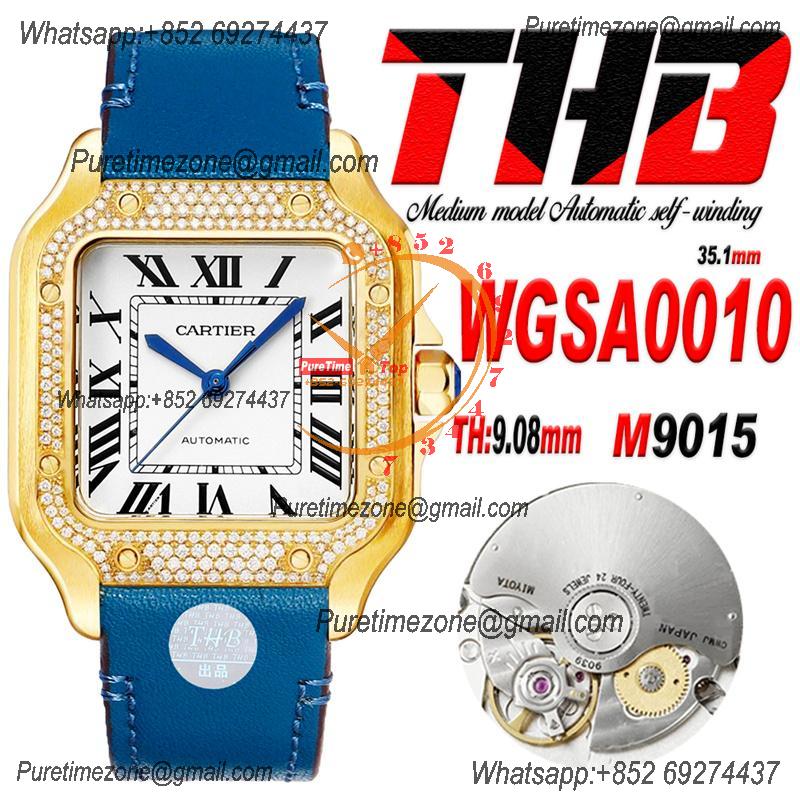 Santos WGSA0010 Medium Model 35.1mm M9015 Automatic Womens Watch Best Edition THBF YG Diamonds Bezel White Dial Leather