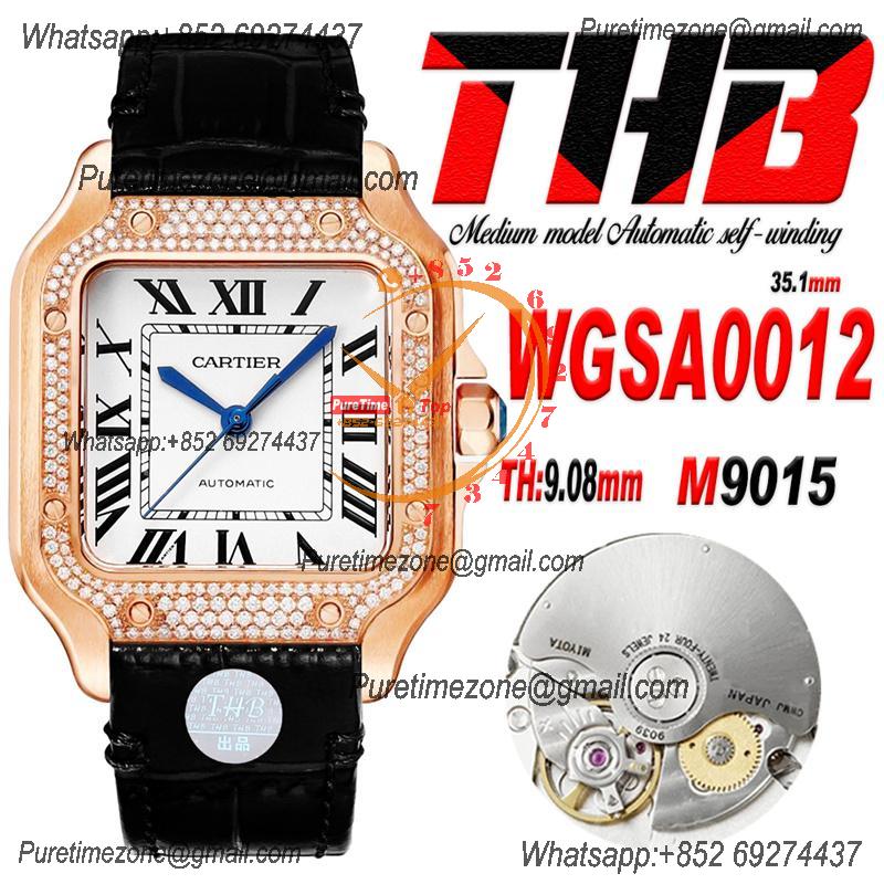 Santos WGSA0012 Medium Model 35.1mm M9015 Automatic Womens Watch Best Edition THBF RG Diamonds Bezel White Dial Leather