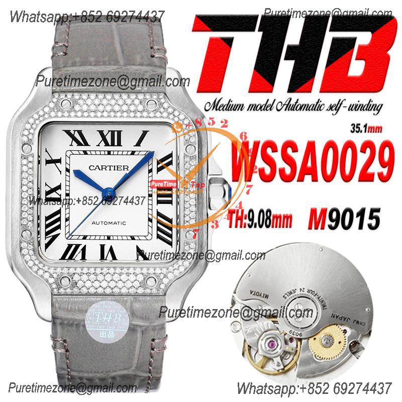 Santos WSSA0029 Medium Model 35.1mm M9015 Automatic Womens Watch Best Edition THBF Diamonds Bezel White Dial Leather