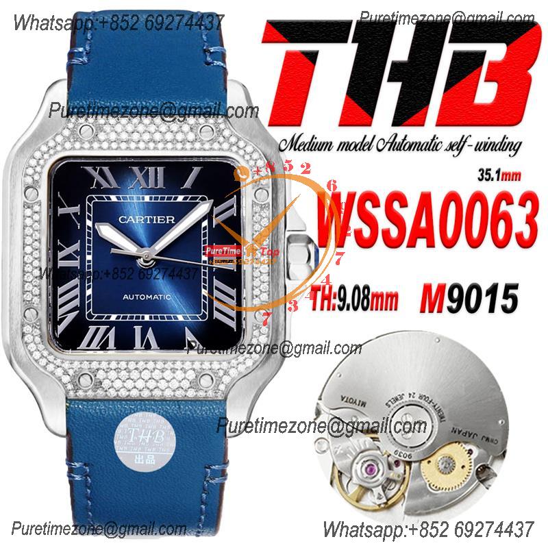 Santos WSSA0029 Medium Model 35.1mm M9015 Automatic Womens Watch Best Edition THBF Diamonds Bezel White Dial Leather