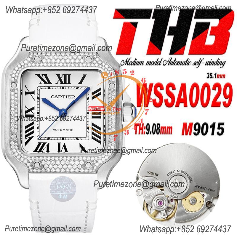 Santos WSSA0029 Medium Model 35.1mm M9015 Automatic Womens Watch Best Edition THBF Diamonds Bezel White Dial Leather