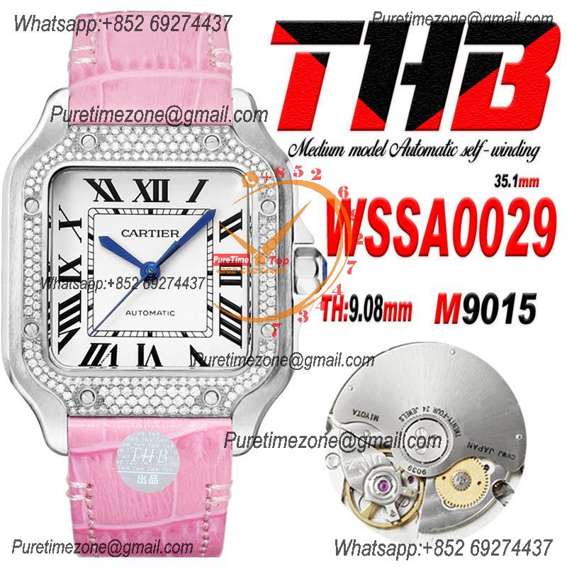 Santos WSSA0029 Medium Model 35.1mm M9015 Automatic Womens Watch Best Edition THBF Diamonds Bezel White Dial Leather