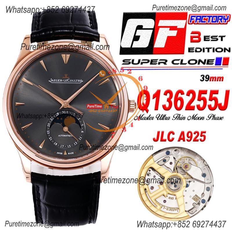 Master Ultra Thin Q136255J A925 Automatic Mens Watch Moon Phase Date Best Edition GF 39 RG Gray Dial Leather CHS