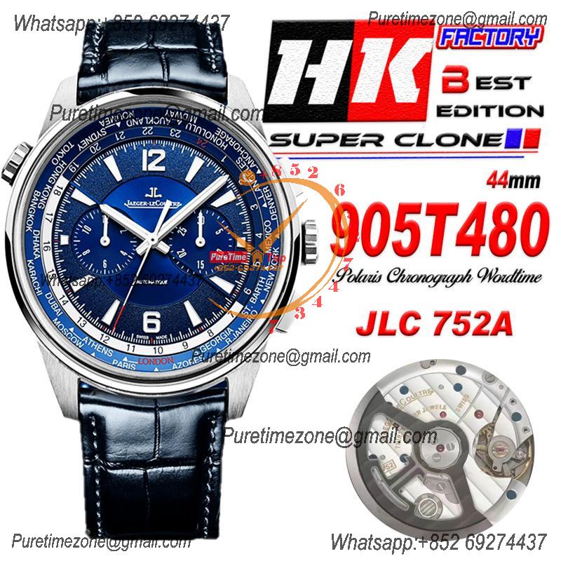 Polaris Wordtime 905T480 752A Automatic Chronograph Mens Watch Best Edition HKF 44 Blue Dial Leather CHS