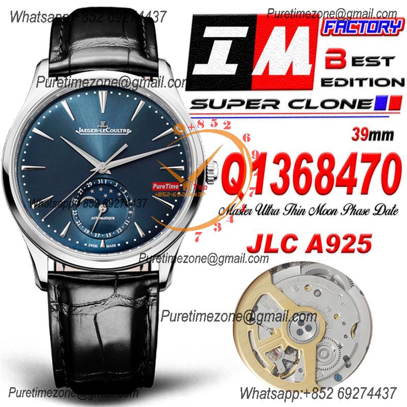 Master Ultra Thin Q1368470 A925 Automatic Mens Watch Moon Phase Date Best Edition IMF 39 Steel Blue Dial Leather CHS