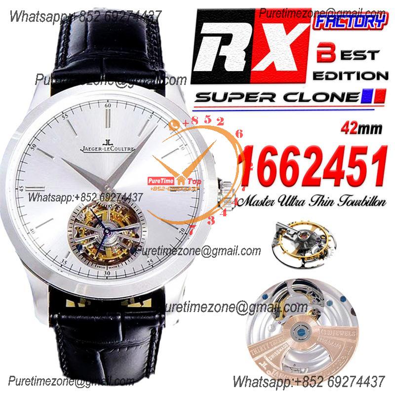 Master Ultra Thin Real Tourbillon 1662451 Mechanical Hand Winding Mens Watch Best Edition RXF 42 SS Silver Dial Leather