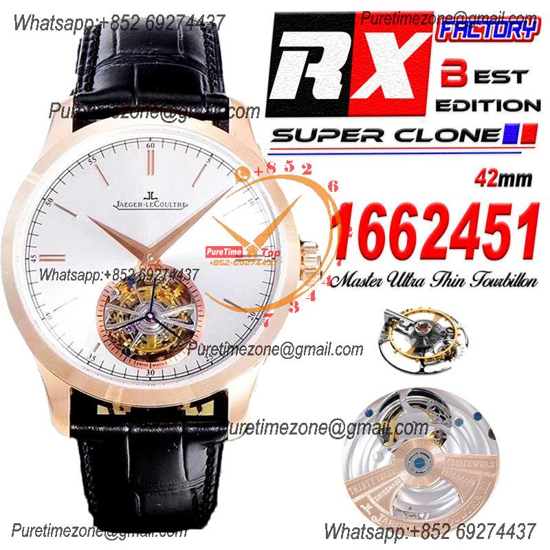 Master Ultra Thin Real Tourbillon 1662451 Mechanical Hand Winding Mens Watch Best Edition RXF 42 RG Silver Dial Leather