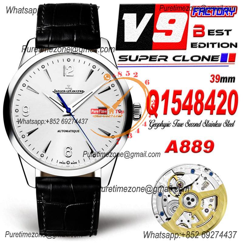 Geophysic True Second Q1548420 A899 Automatic Mens Watch Best Edition V9F 39mm  SS White Dial Leather CHS