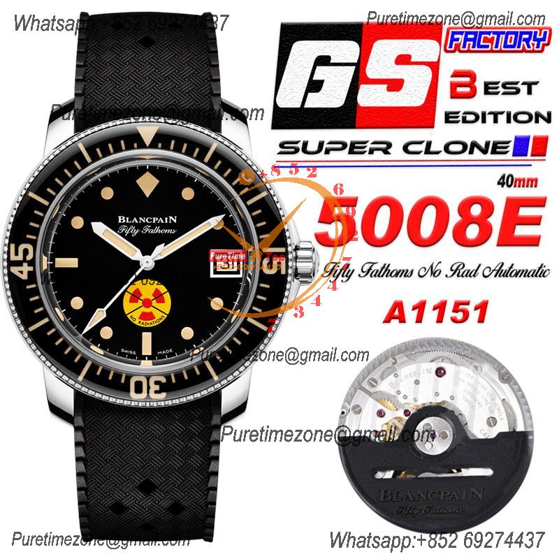 Fifty Fathoms 5008E Barakuda A1151 Automatic Mens Watch Best Edition GSF 40mm Black Dial Rubber Strap CHS