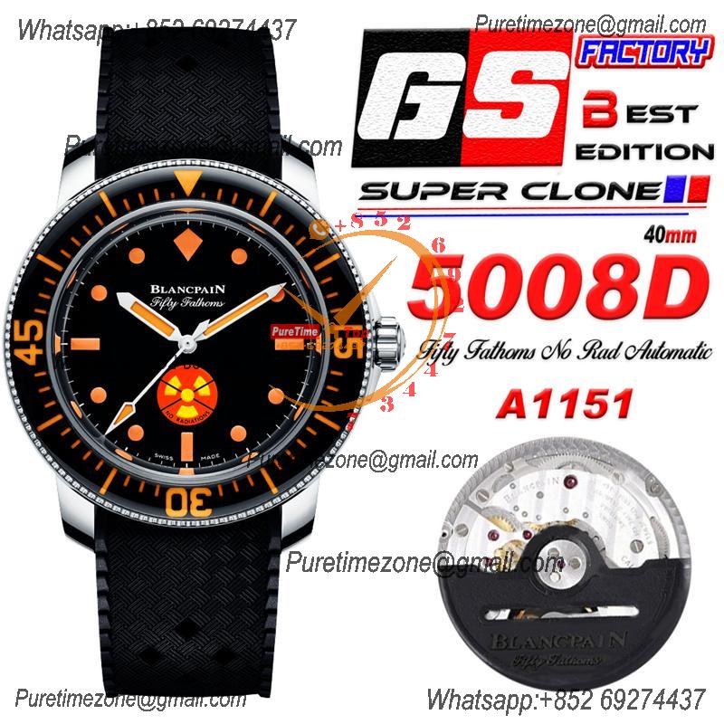 Fifty Fathoms 5008D No Rad A1151 Automatic Mens Watch Best Edition GSF 40mm  Black Dial Rubber Strap CHS