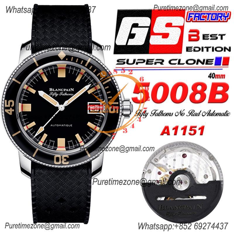 Fifty Fathoms 5008B Barakuda A1151 Automatic Mens Watch Best Edition GSF 40mm Black Dial Rubber Strap CHS