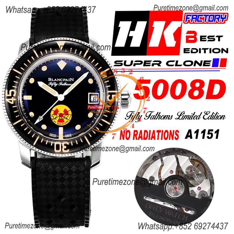 Fifty Fathoms 5008D No Rad A1151 Automatic Mens Watch Best Edition HKF 40mm Black Dial Rubber Strap CHS