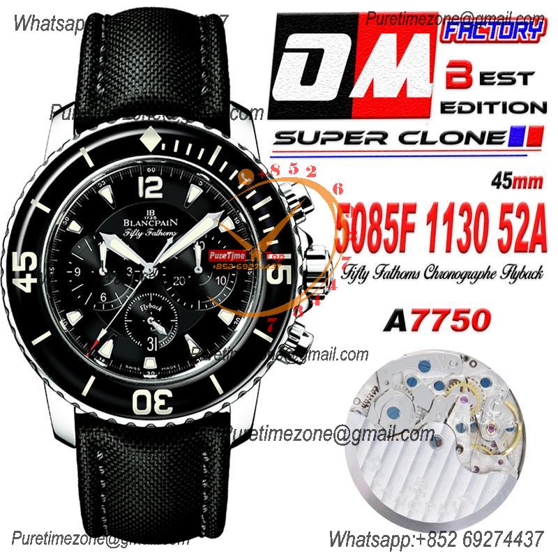 Fifty Fathoms 5058F A7750 Automatic Chronograph Mens Watch Best Edition OMF 45 SS Black Dial Nylon Strap CHS