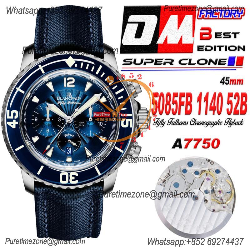 Fifty Fathoms 5058F A7750 Automatic Chronograph Mens Watch Best Edition OMF 45 SS Blue Dial Nylon Strap CHS