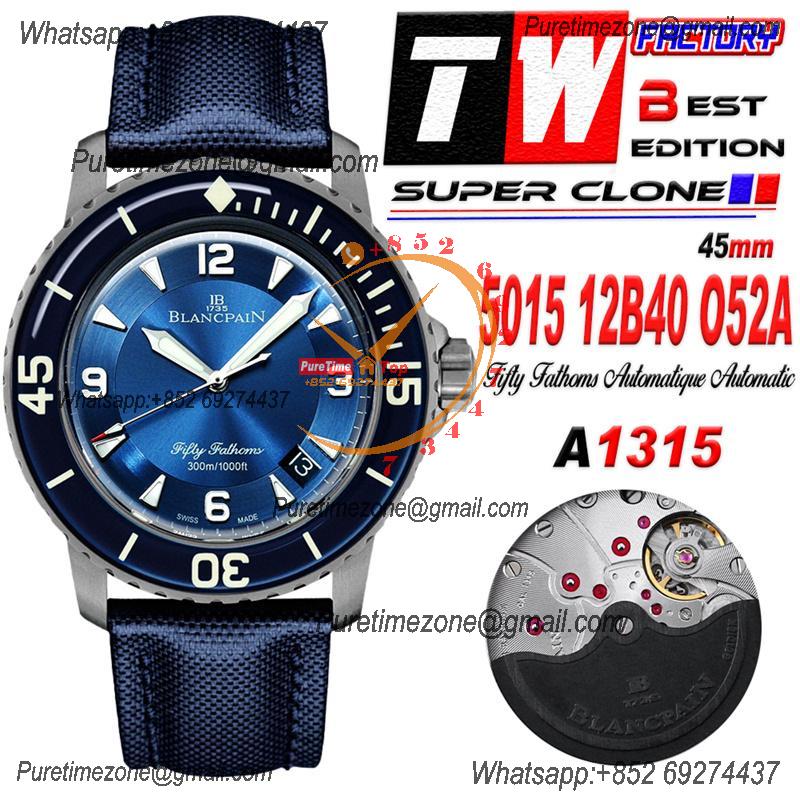 Fifty Fathoms Automatique 5015 M9015 Automatic Mens Watch Best Edition TWF 45mm Titanium Blue Dial Leather CHS