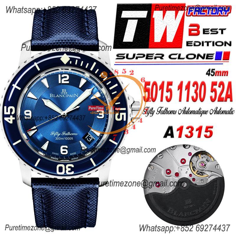 Fifty Fathoms Automatique 5015 M9015 Automatic Mens Watch Best Edition TWF 45mm SS Blue Dial Leather CHS