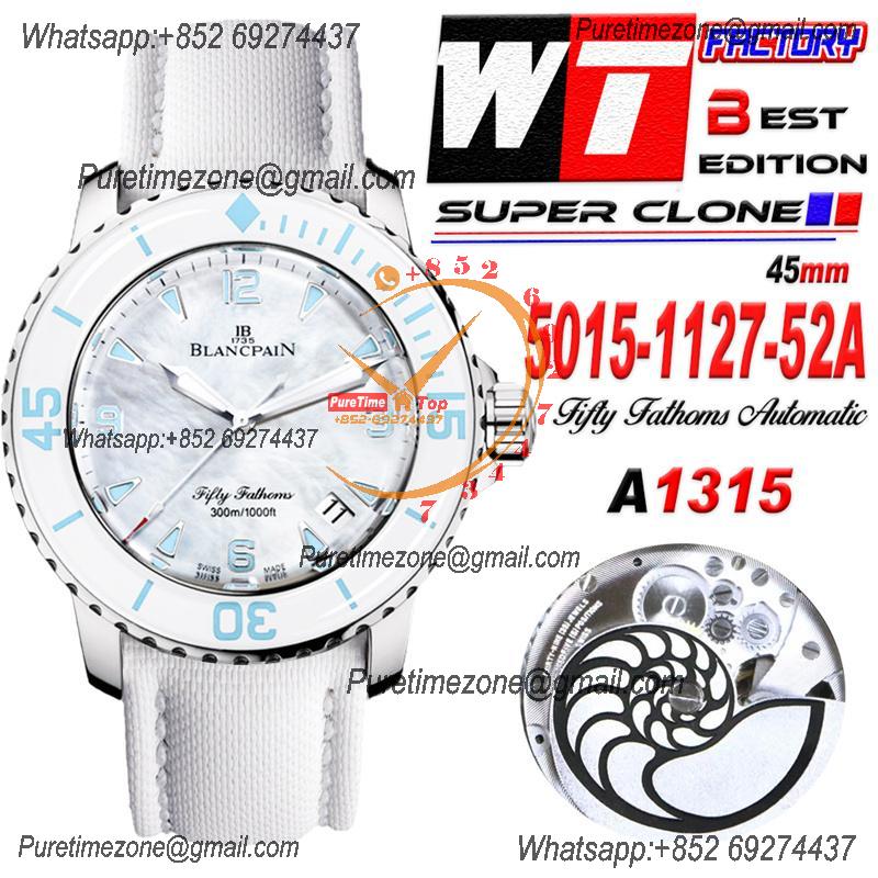 Fifty Fathoms 5015 A1315 Automatic Womens Watch Best Edition TWF 45mm SS MOP Blue Dial Leather Ladies