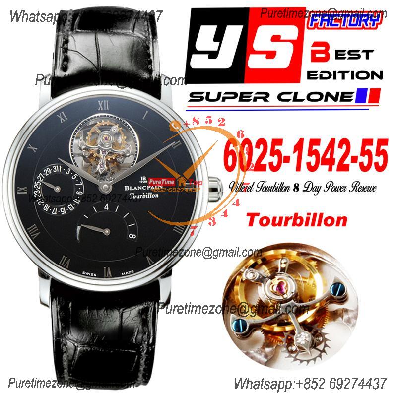 Villeret 6025 Real Tourbillon Hand Winding Mechanical Mens Watch Best Edition YSF 42.5mm SS Black Dial Leather CHS