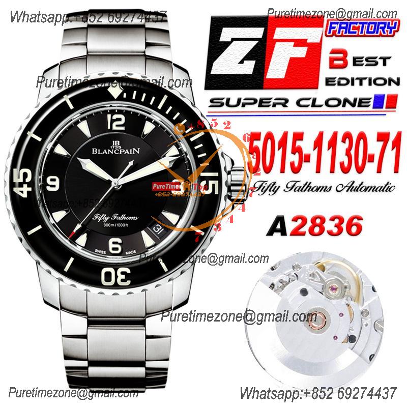 Fifty Fathoms 5015 A2836 Automatic Mens Watch Best Edition ZF 45mm Black Dial Stainless Steel Bracelet CHS