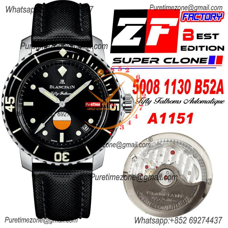 Fifty Fathoms MIL-SPEC 5008B A1511 Automatic Mens Watch Best Edition ZF 40mm Black Dial Sail-canvas Strap CHS