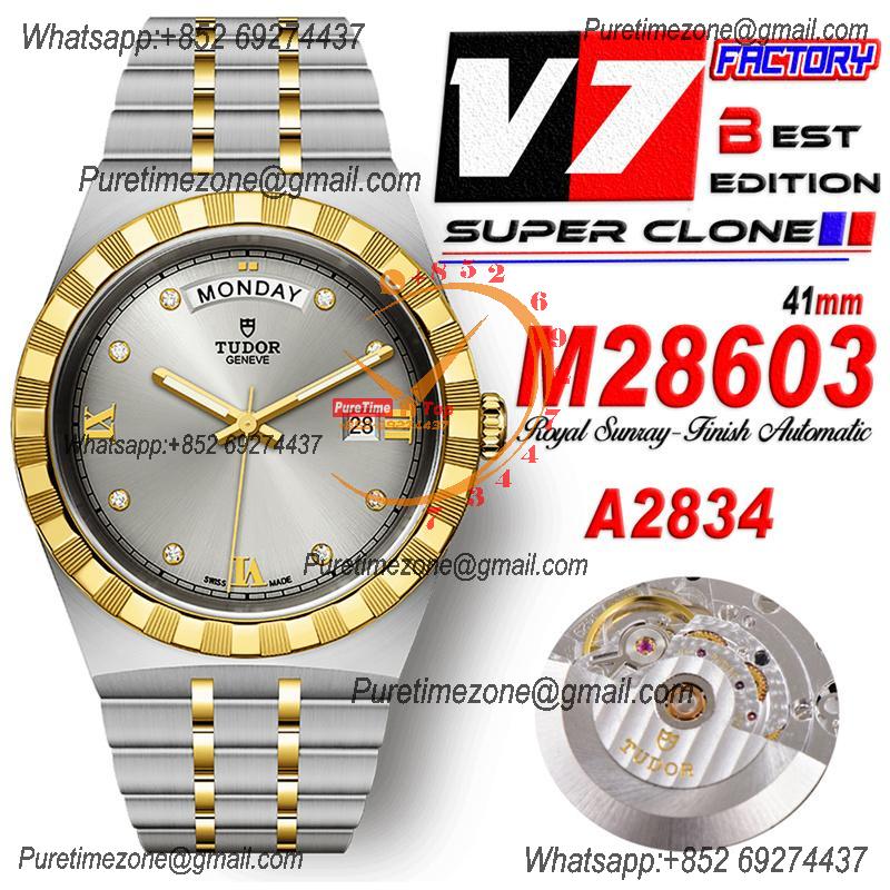 Royal M28603 A2834 Automatic Mens Watch Best Edition V7F 41mm YG Silver Diamonds Dial Stainless Steel Bracelet CHS