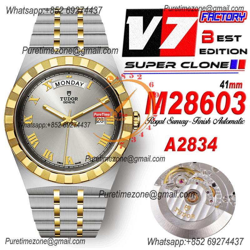 Royal M28603 A2834 Automatic Mens Watch Best Edition V7F 41mm YG Silver Roman Dial Stainless Steel Bracelet CHS