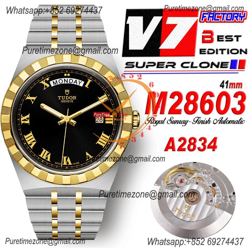 Royal M28603 A2834 Automatic Mens Watch Best Edition V7F 41mm YG Black Roman Dial Stainless Steel Bracelet CHS