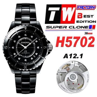 J12 H5702 38mm A12.1 Automatic Unisex Watch Best Edition TWF Black Ceramic Dial on Bracelet CHS Womens