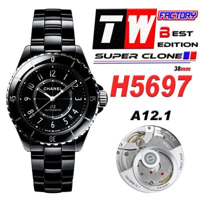 J12 H5697 38mm A12.1 Automatic Unisex Watch Best Edition TWF Black Ceramic Dial on Bracelet CHS Womens