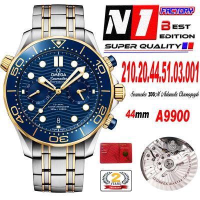 Seamaster 300M A9900 Automatic Chronograph Mens Watch Best Edition N1F 44mm YG Blue Dial SS Bracelet CHS