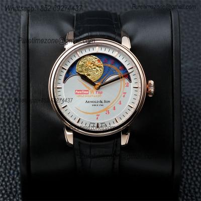 Arnold&Son HM Perpetual Moon Stellar Rays A&S1512 Hand Wound Mechanical Mens Watch RG Silver Dial Black Leather