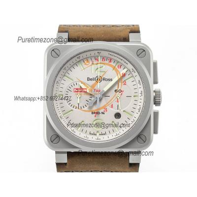 BR03-94 Horolum A7750 Automatic Chronograph Mens Watch Best Edition TWF 42 Steel Case Gray Dial Retro Brown Leather CHS