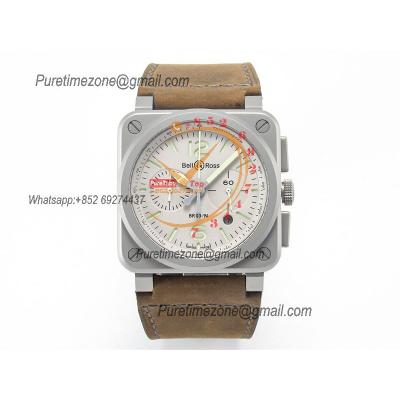 BR03-94 Horolum A7750 Automatic Chronograph Mens Watch Best Edition TWF 42 Steel Case Gray Dial Retro Brown Leather CHS