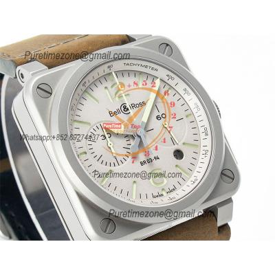 BR03-94 Horolum A7750 Automatic Chronograph Mens Watch Best Edition TWF 42 Steel Case Gray Dial Retro Brown Leather CHS