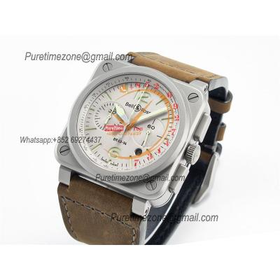 BR03-94 Horolum A7750 Automatic Chronograph Mens Watch Best Edition TWF 42 Steel Case Gray Dial Retro Brown Leather CHS