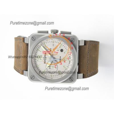 BR03-94 Horolum A7750 Automatic Chronograph Mens Watch Best Edition TWF 42 Steel Case Gray Dial Retro Brown Leather CHS