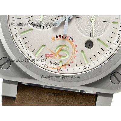 BR03-94 Horolum A7750 Automatic Chronograph Mens Watch Best Edition TWF 42 Steel Case Gray Dial Retro Brown Leather CHS