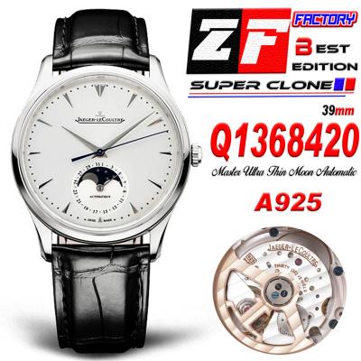 Master Ultra Thin Q1368420 A925 Automatic Mens Watch Moon Phase Date Best Edition ZF 39 Steel Silver Dial Leather CHS