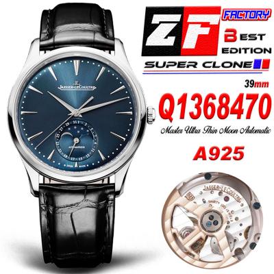 Master Ultra Thin Q1368470 A925 Automatic Mens Watch Moon Phase Date Best Edition ZF 39 Steel Blue Dial Leather CHS