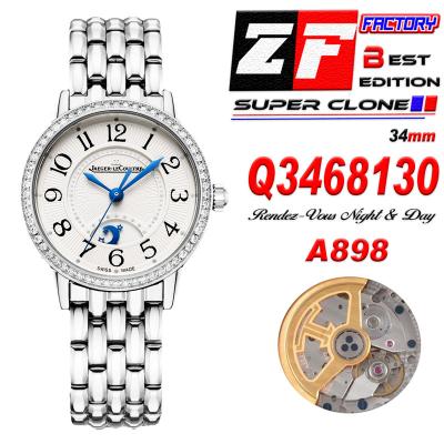 Rendez-Vous Night & Day Q3468130 A898 Moon Phase Automatic Womens Watch Best Edition ZF 34 Diamond Bezel White Dial SS