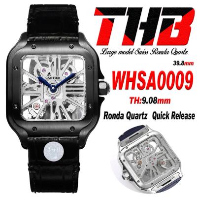 Santos WHSA0009 Large Model 39.8mm Swiss Ronda Quartz Mens Watch Best Edition THBF DLC Skeleton Dial Leather CHS