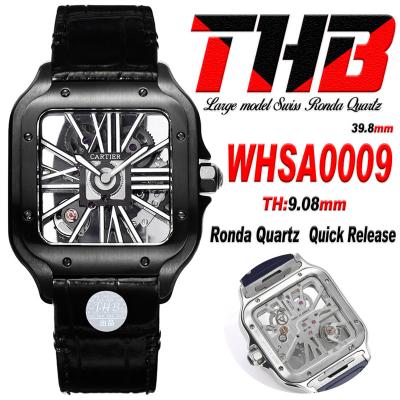 Santos WHSA0009 Large Model 39.8mm Swiss Ronda Quartz Mens Watch Best Edition THBF DLC Skeleton Dial Leather CHS