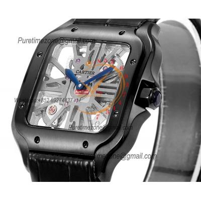 Santos WHSA0009 Large Model 39.8mm Swiss Ronda Quartz Mens Watch Best Edition THBF DLC Skeleton Dial Leather CHS