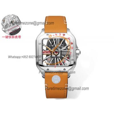 Santos WHSA0015 Large Model 39.8mm Swiss Ronda Quartz Mens Watch Best Edition THBF SS Skeleton Dial Leather CHS