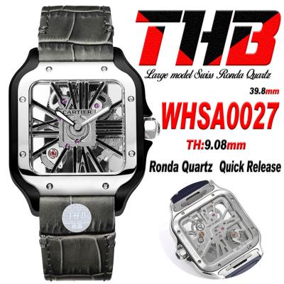 Santos WHSA0027 Large Model 39.8mm Swiss Ronda Quartz Mens Watch Best Edition THBF SS Skeleton Dial Leather CHS